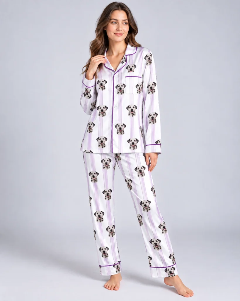 Woman wearing Dalmatian pajamas covered in Dalmatian faces on white and lilac striped satin — MyDogPics
