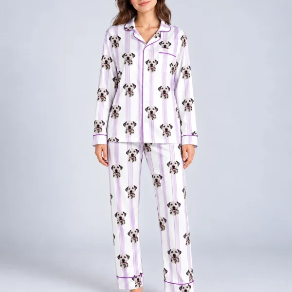 Woman wearing Dalmatian pajamas covered in Dalmatian faces on white and lilac striped satin — MyDogPics
