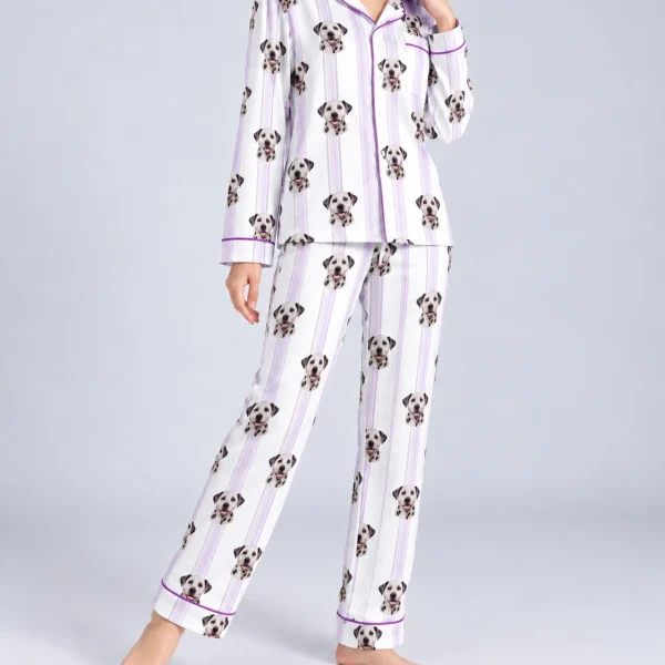 Side view of Dalmatian pajamas with Dalmatian faces on white and lilac striped satin — MyDogPics