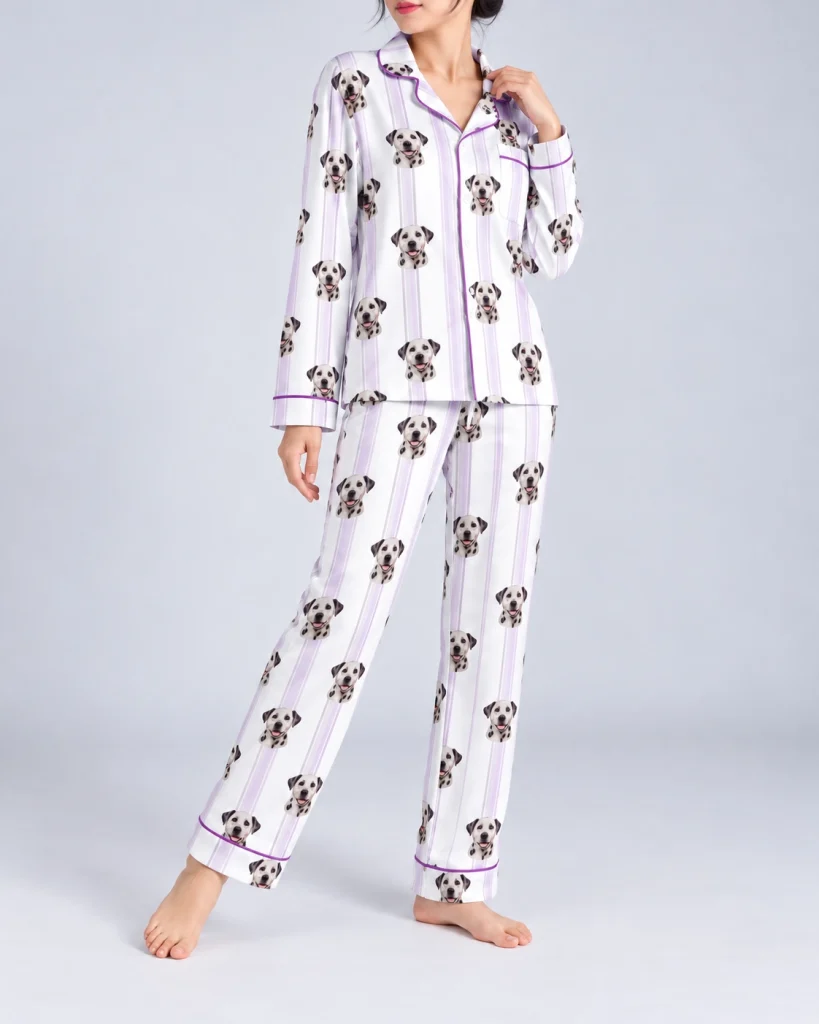 Side view of Dalmatian pajamas with Dalmatian faces on white and lilac striped satin — MyDogPics