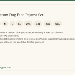 size guide for custom dog face pajama set from MyDogPics, printed with your own dog photo