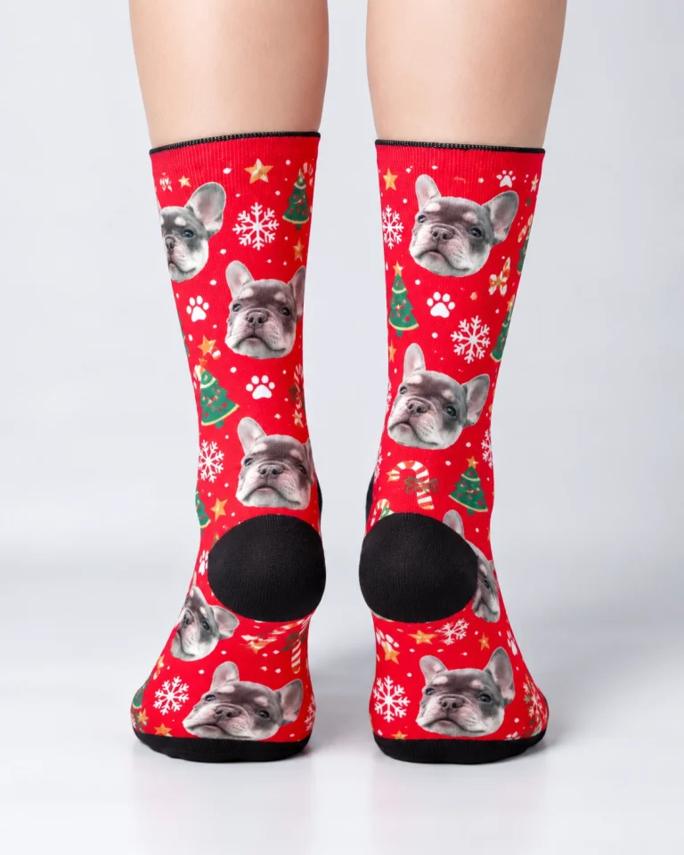 Back view of dog face socks: the print continues all the way round — MyDogPics