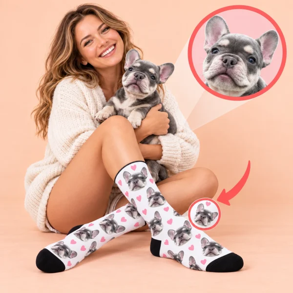 Dog face socks example: a French bulldog photo turned into the all-over face print — MyDogPics