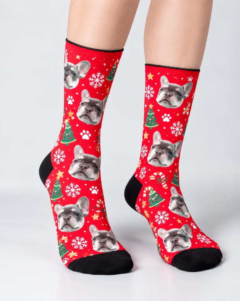 Woman posing in dog face socks, blue-gray French bulldog faces on a red Christmas print — MyDogPics