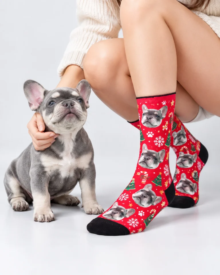 Woman in dog face socks with her French bulldog puppy — MyDogPics