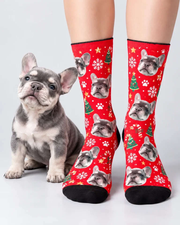 Woman in dog face socks standing next to her French bulldog puppy — MyDogPics