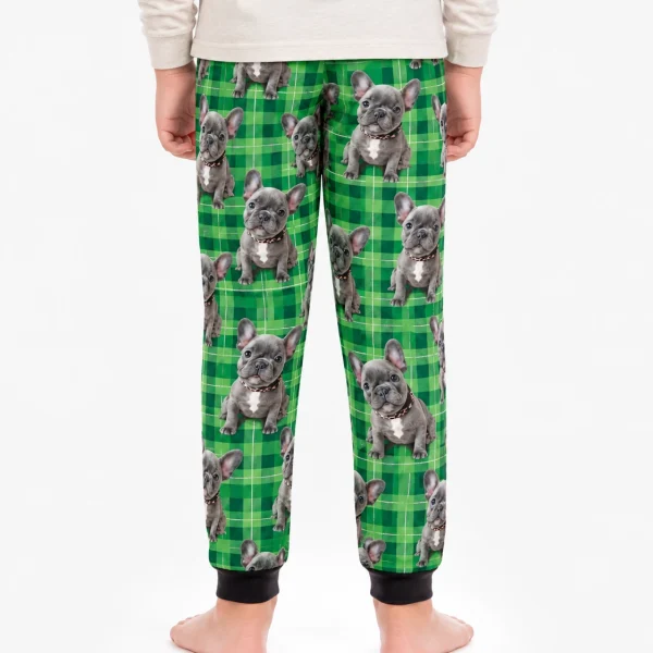 Close-up of the dog pajamas for kids print: grey French bulldog faces on green plaid — MyDogPics