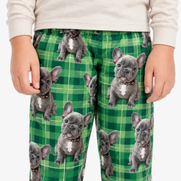 Close-up of the dog pajamas for kids print: grey French bulldog faces on green plaid — MyDogPics