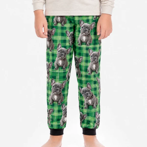 Close-up of the dog pajamas for kids print: grey French bulldog faces on green plaid — MyDogPics