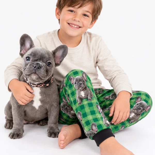 Boy in a dog pajamas for kids cuddling his French bulldog — MyDogPics