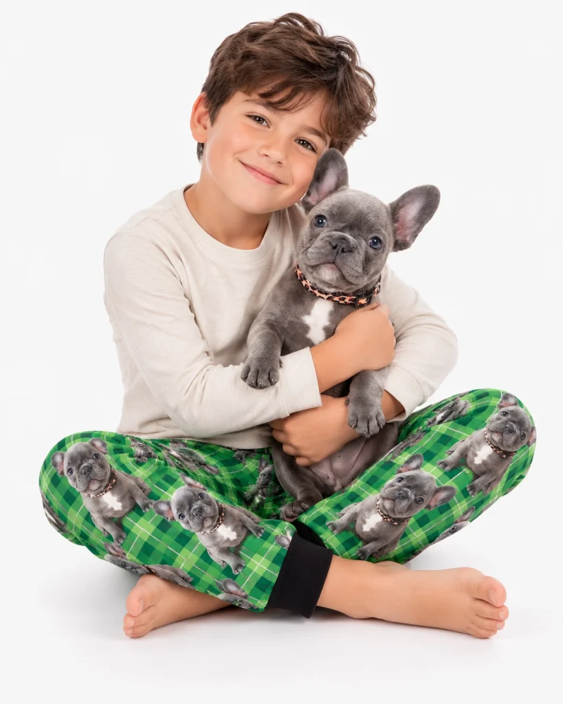 Boy in a dog pajamas for kids cuddling his French bulldog — MyDogPics