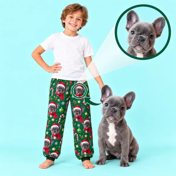 Dog pajamas for kids example: a French bulldog photo turned into the all-over face print — MyDogPics