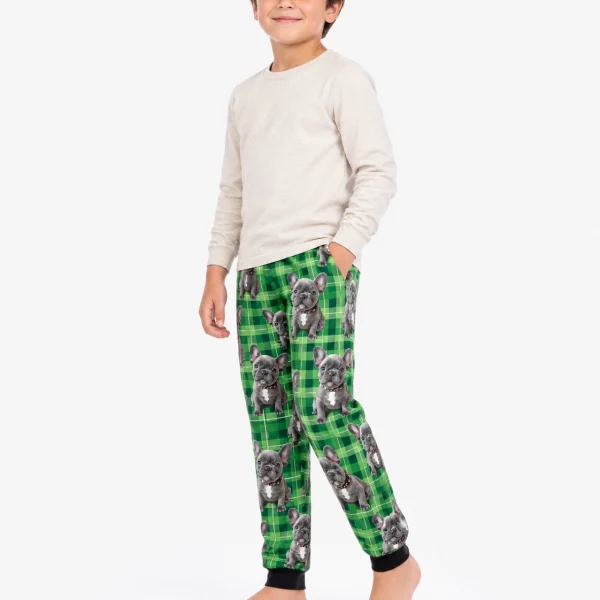 Side view of a dog pajamas for kids with grey French bulldog faces on green plaid — MyDogPics