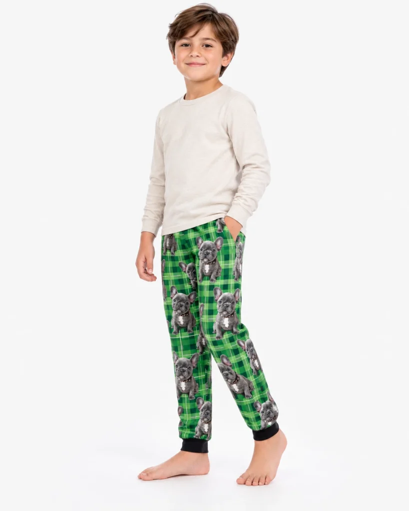 Side view of a dog pajamas for kids with grey French bulldog faces on green plaid — MyDogPics
