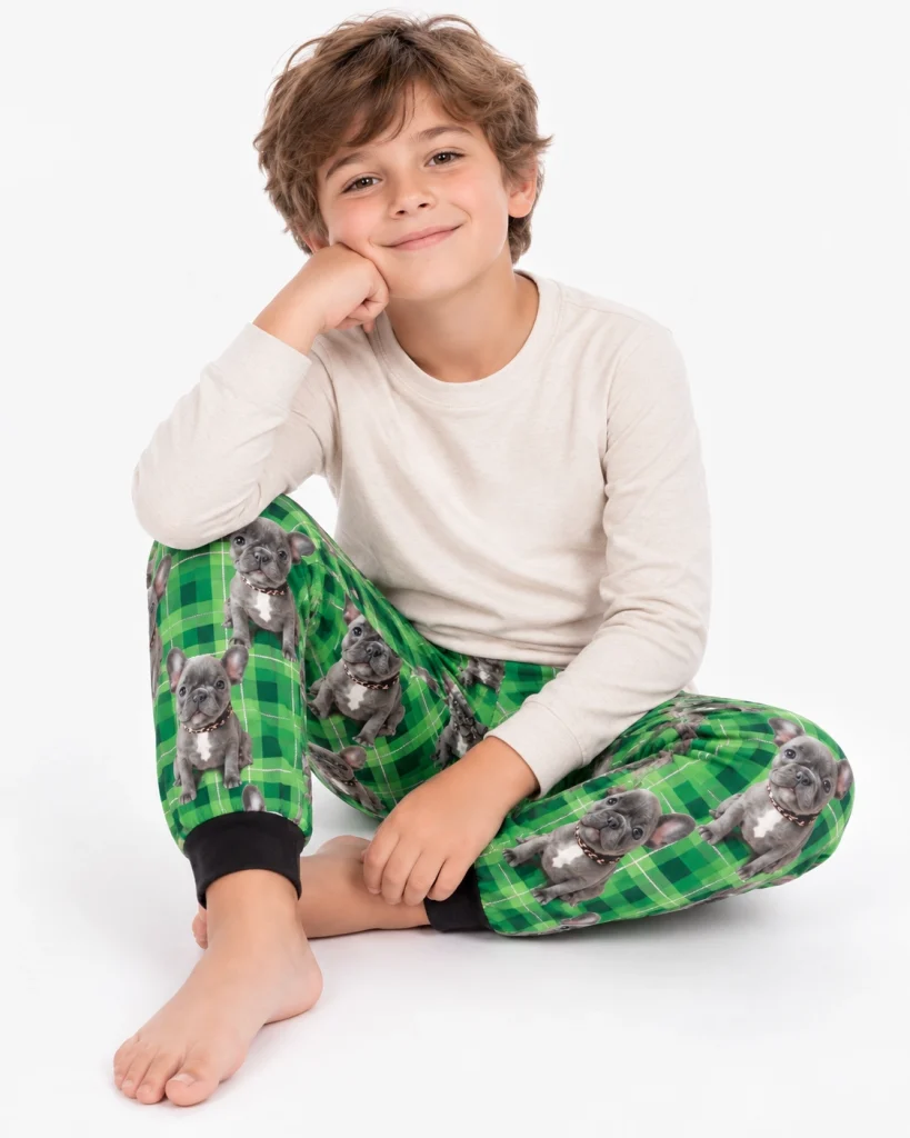Boy sitting in a dog pajamas for kids covered in grey French bulldog faces — MyDogPics