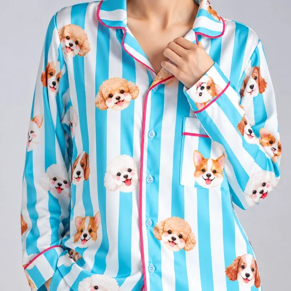 Close-up of the dog print pajamas print: faces of several different dogs on aqua and white striped satin — MyDogPics