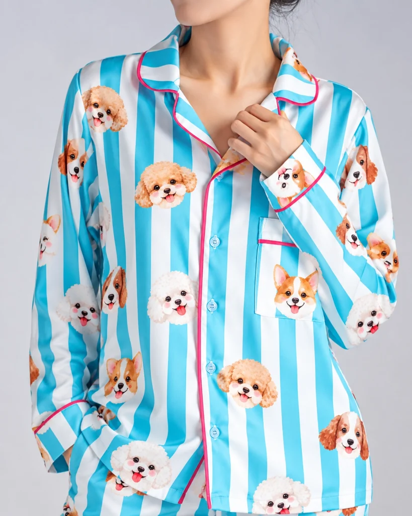 Close-up of the dog print pajamas print: faces of several different dogs on aqua and white striped satin — MyDogPics