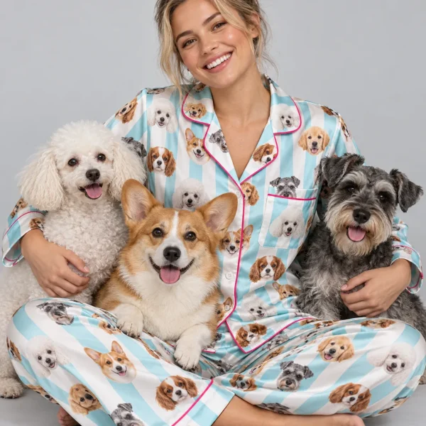 Woman in aqua-striped dog print pajamas hugging her poodle, corgi and schnauzer — MyDogPics
