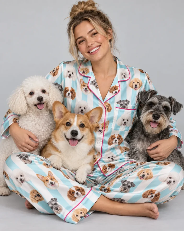 Woman in aqua-striped dog print pajamas hugging her poodle, corgi and schnauzer — MyDogPics