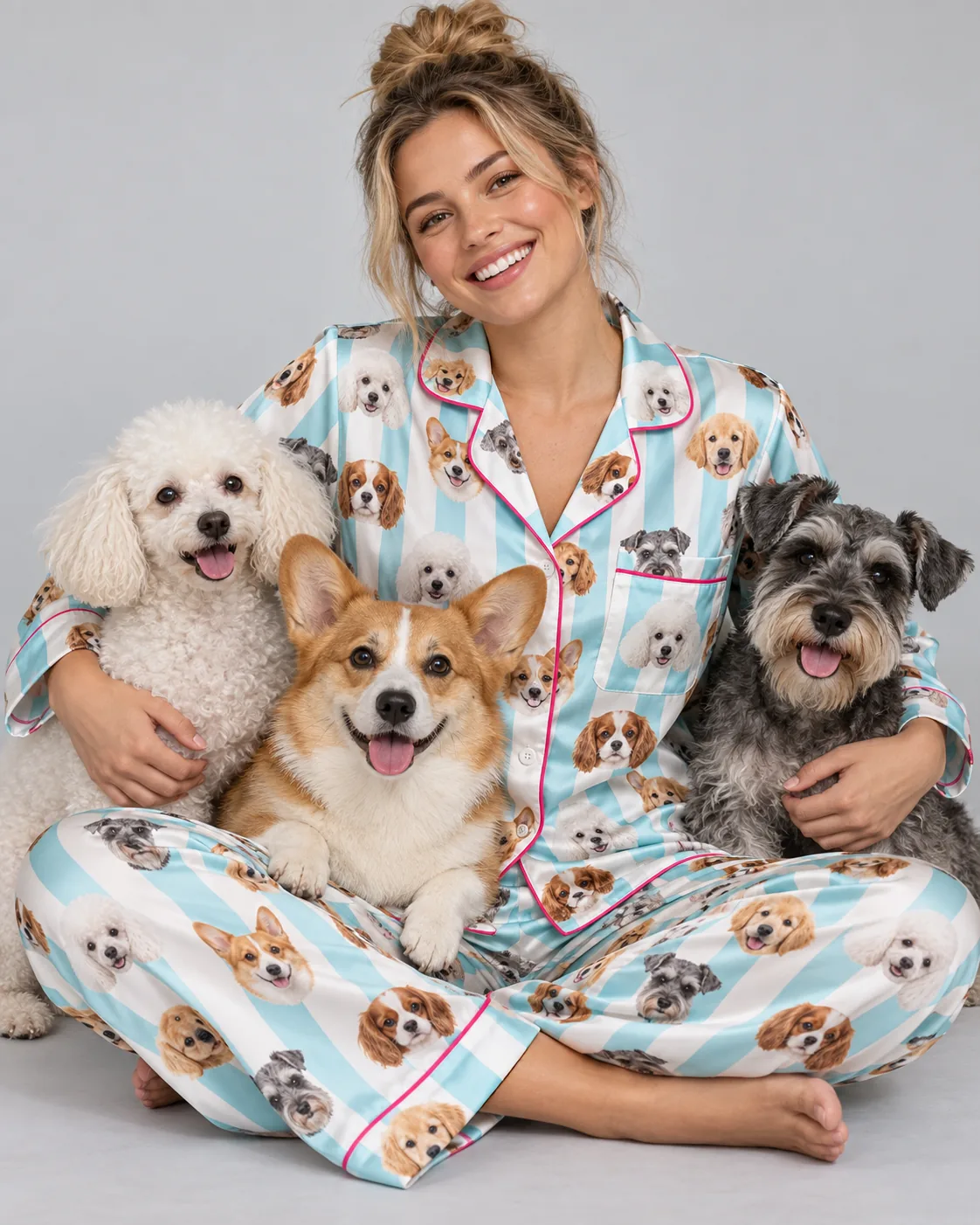 Aqua-Striped Dog Print Pajamas With Three Dogs | MyDogPics Woman in aqua-striped dog print pajamas hugging her poodle, corgi and schnauzer — MyDogPics