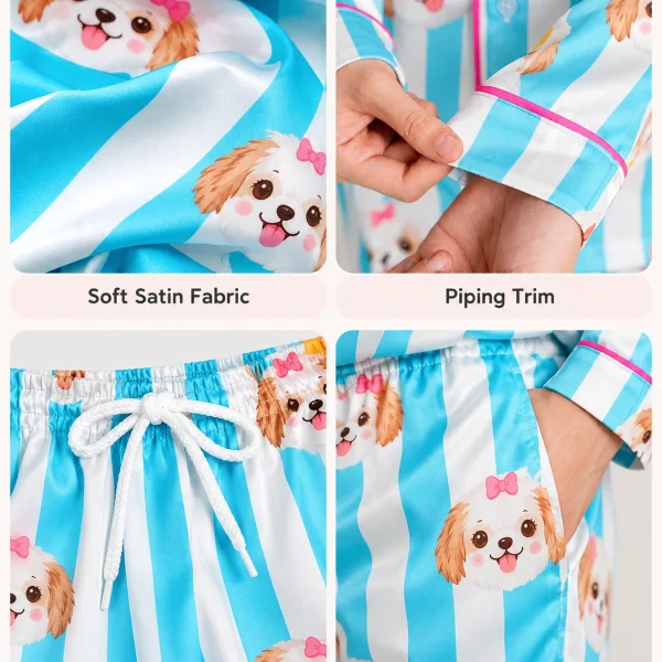 Detail views of dog print pajamas: satin, piping, drawstring and pockets — MyDogPics