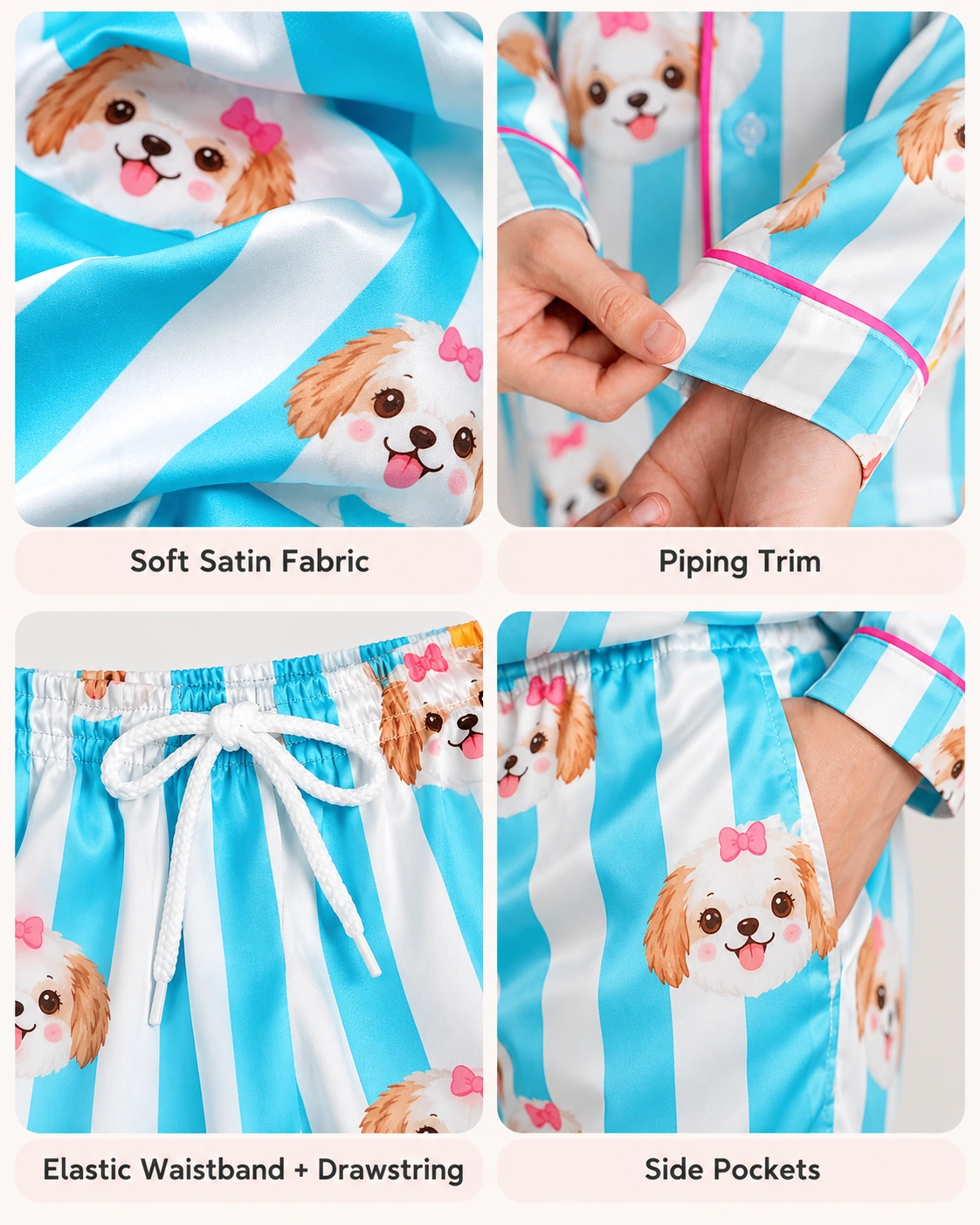 Dog Print Pajamas – Construction Details | MyDogPics Detail views of dog print pajamas: satin, piping, drawstring and pockets — MyDogPics