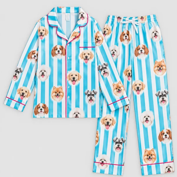 Flat lay of dog print pajamas: shirt and pants covered in faces of several different dogs — MyDogPics