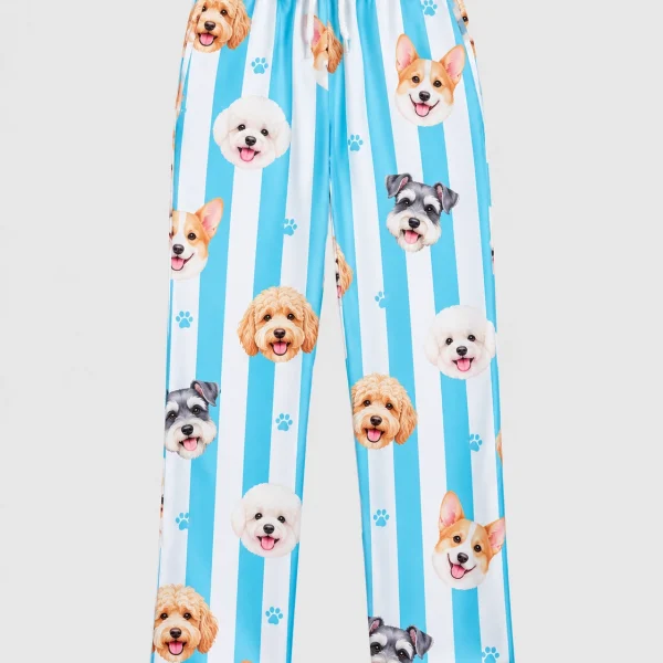 Flat lay of the dog print pajamas pants with faces of several different dogs — MyDogPics