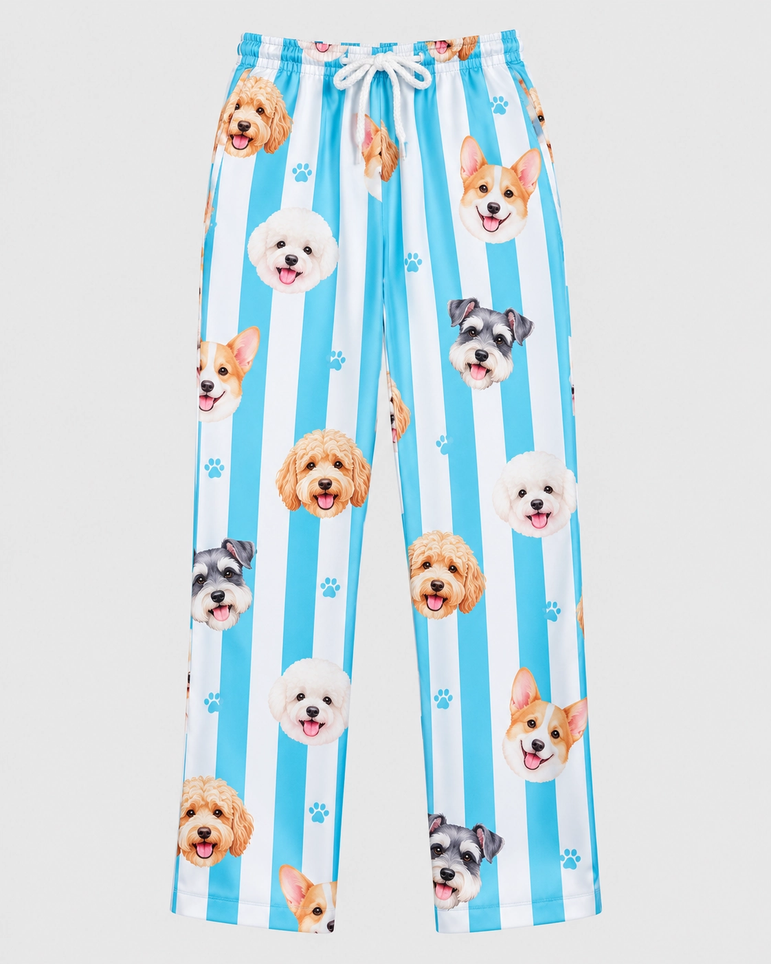 Dog Print Pajamas – Flat Lay Pants | MyDogPics Flat lay of the dog print pajamas pants with faces of several different dogs — MyDogPics