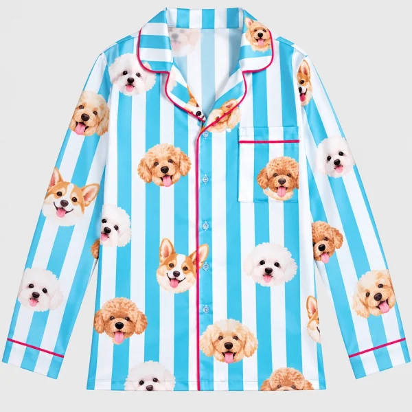 Flat lay of the dog print pajamas shirt with faces of several different dogs and piping — MyDogPics