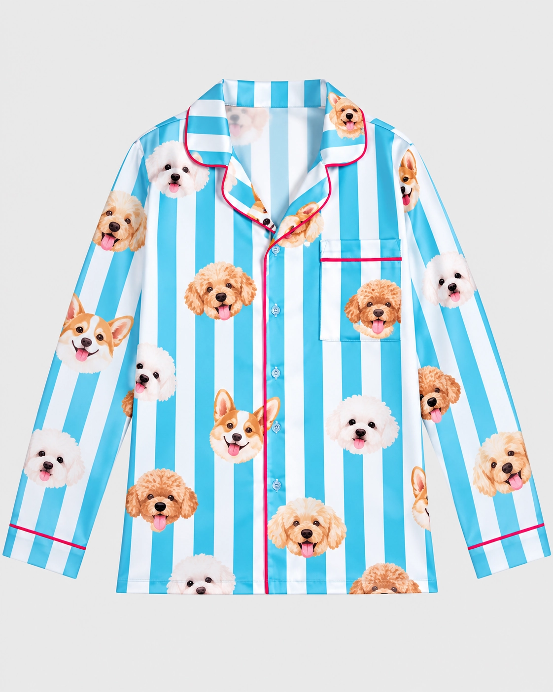 Dog Print Pajamas – Flat Lay Shirt | MyDogPics Flat lay of the dog print pajamas shirt with faces of several different dogs and piping — MyDogPics