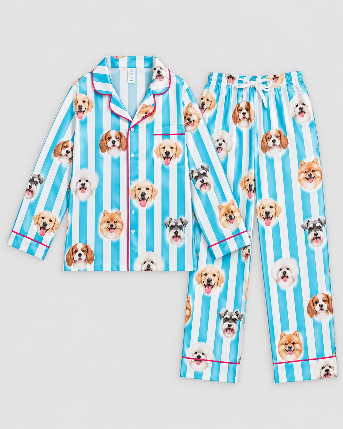 Dog Print Pajamas – Flat Lay | MyDogPics Flat lay of dog print pajamas: shirt and pants covered in faces of several different dogs — MyDogPics