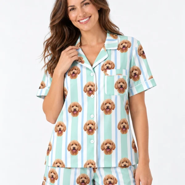 Close-up of the doodle pajamas print: apricot doodle faces on mint and white striped satin — MyDogPics