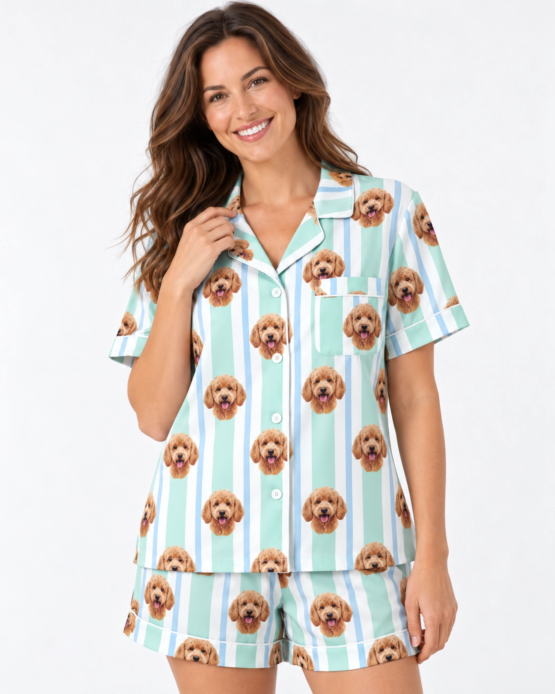 Doodle Pajamas – Print Close-Up | MyDogPics Close-up of the doodle pajamas print: apricot doodle faces on mint and white striped satin — MyDogPics