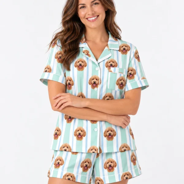 Close-up of the doodle pajamas print: apricot doodle faces on mint and white striped satin — MyDogPics