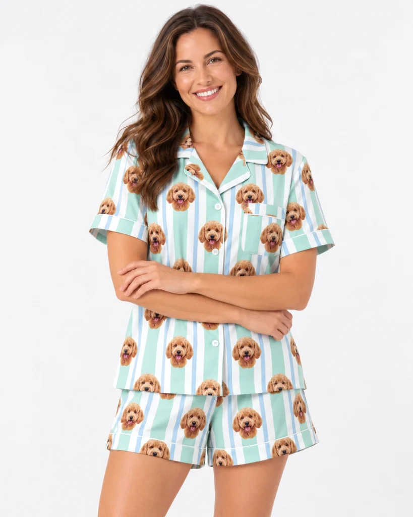Close-up of the doodle pajamas print: apricot doodle faces on mint and white striped satin — MyDogPics