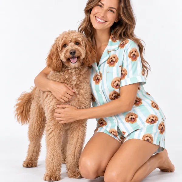 Woman in doodle pajamas cuddling her doodle — MyDogPics