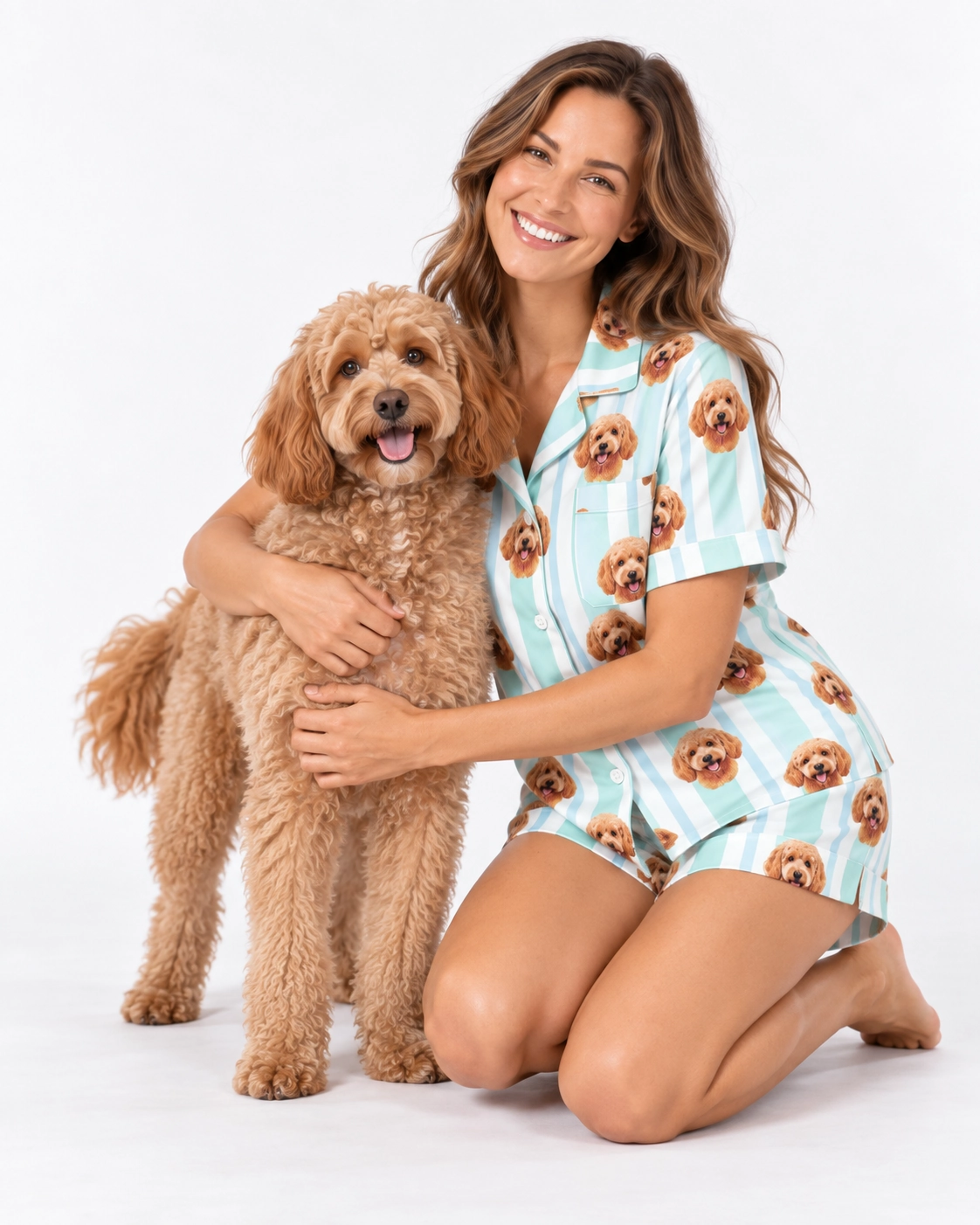 Doodle Pajamas – Cuddling Dog | MyDogPics Woman in doodle pajamas cuddling her doodle — MyDogPics