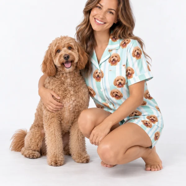 Woman in doodle pajamas cuddling her doodle — MyDogPics