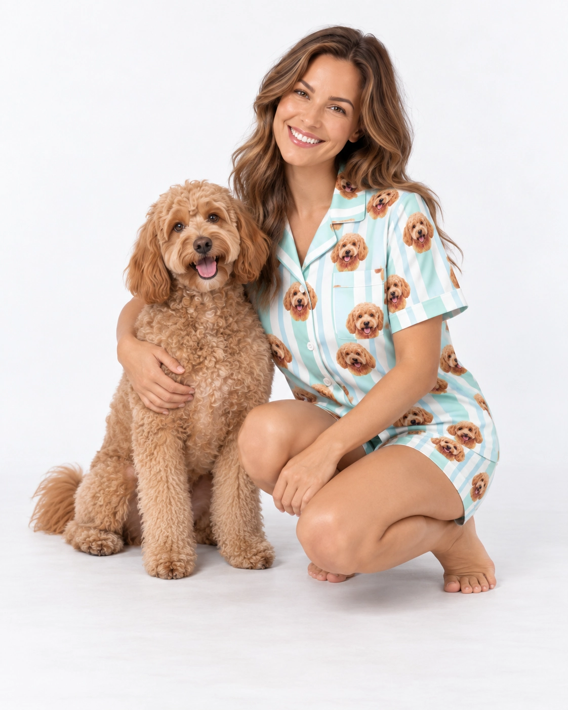 Doodle Pajamas – Cuddling Dog | MyDogPics Woman in doodle pajamas cuddling her doodle — MyDogPics