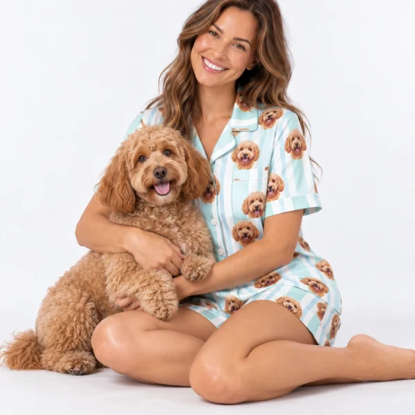 Woman in doodle pajamas cuddling her doodle — MyDogPics