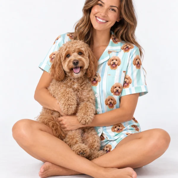 Woman in doodle pajamas cuddling her doodle — MyDogPics