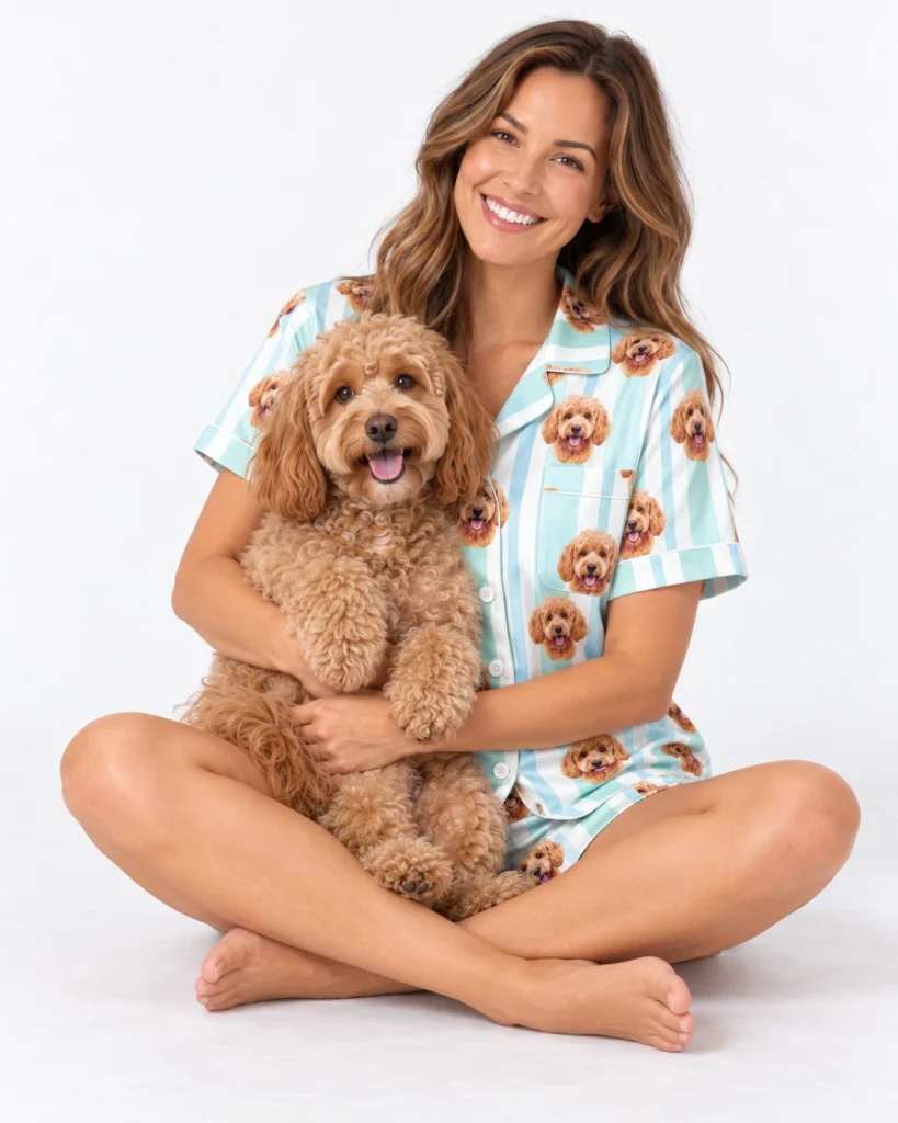 Woman in doodle pajamas cuddling her doodle — MyDogPics