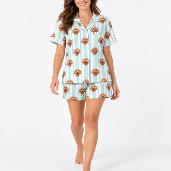 Woman posing in doodle pajamas, apricot doodle faces on mint and white striped satin — MyDogPics