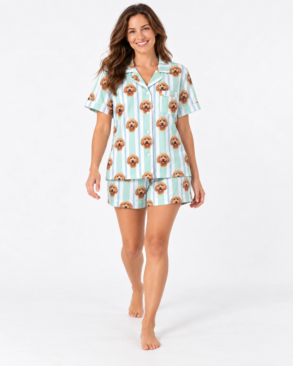 Doodle Pajamas – Pose | MyDogPics Woman posing in doodle pajamas, apricot doodle faces on mint and white striped satin — MyDogPics