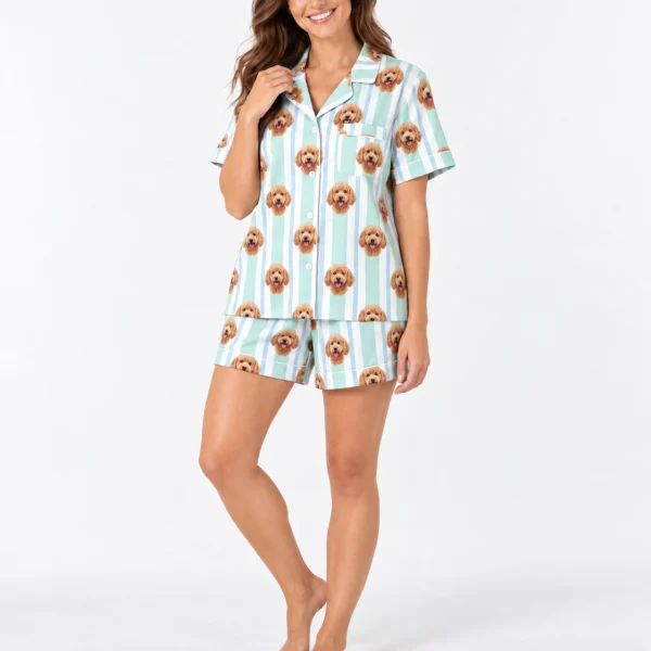 Side view of doodle pajamas with apricot doodle faces on mint and white striped satin — MyDogPics
