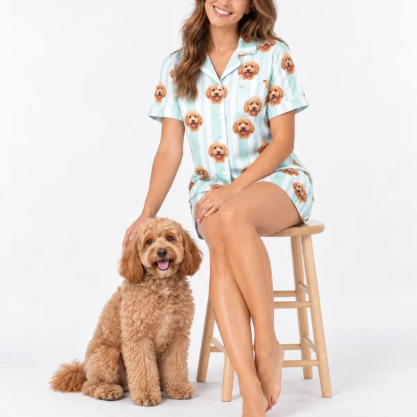 Woman in doodle pajamas standing next to her doodle — MyDogPics