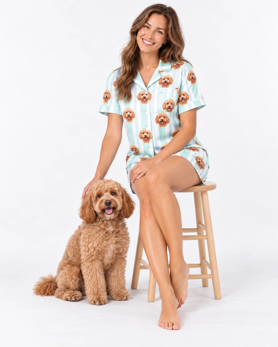 Doodle Pajamas – With Dog | MyDogPics Woman in doodle pajamas standing next to her doodle — MyDogPics
