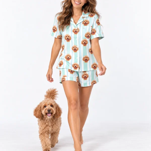 Woman in doodle pajamas standing next to her doodle — MyDogPics