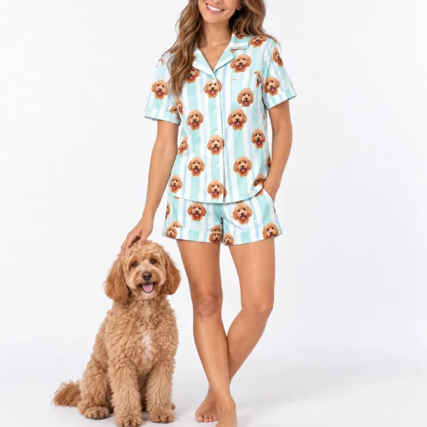 Woman in doodle pajamas standing next to her doodle — MyDogPics